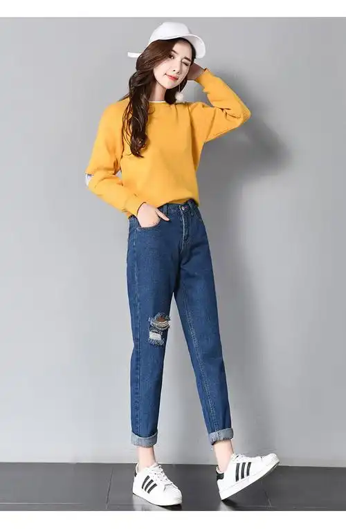 pq39470# 潮女破洞哈伦牛仔裤松紧裤头女装小脚裤新款萝卜裤