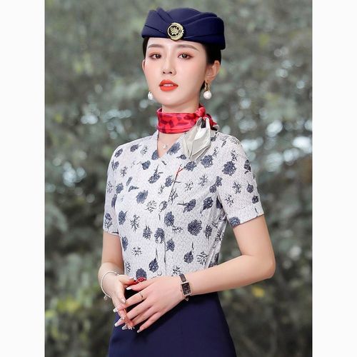 青花瓷白衬衣东航空姐制服职业套装女夏季高档前台印花空乘工作服