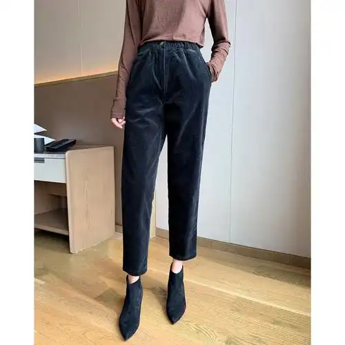 韩裳良品韩国代购otto2020春季弹力松紧腰灯芯绒休闲九分萝卜裤女