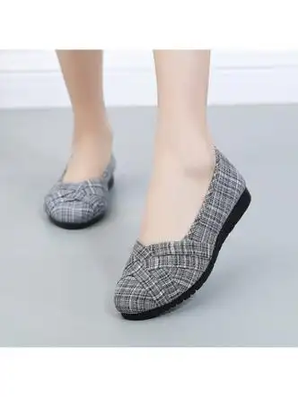 热风麦官方春夏款老北京布鞋女单鞋透气工作鞋格子布面豆豆鞋舒适耐磨