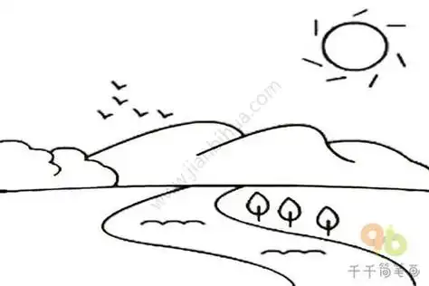 河流简笔画拦河大坝简笔画图片素材简单的河流风景简笔画图片作品舒缓