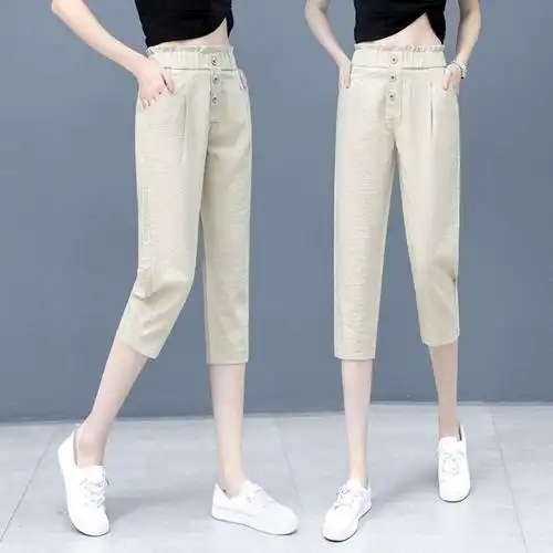 裤女竹节冰丝女士中裤休闲女裤裤子薄款松紧休闲裤