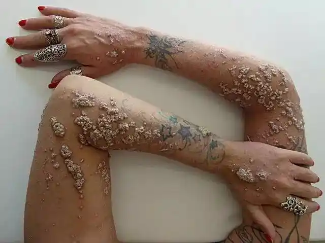 查体见对称性皮疹由增厚的角化过度性斑块组成,有些呈线状分布,皮肤