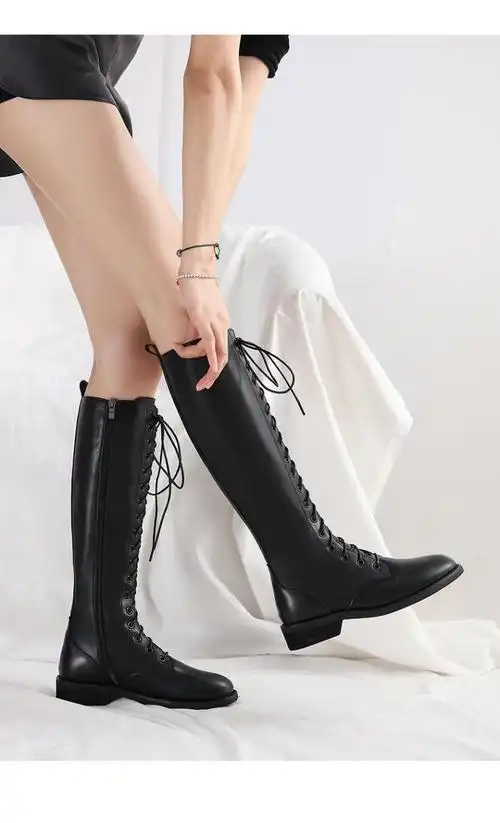 2018新款【牛皮】肆意潇洒欧美小低跟绑带显瘦长靴女士高筒靴长筒靴粗