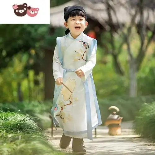 绿彩虹光儿童汉服男童古装夏装薄款古风帅气六一表演服国学服唐装演出