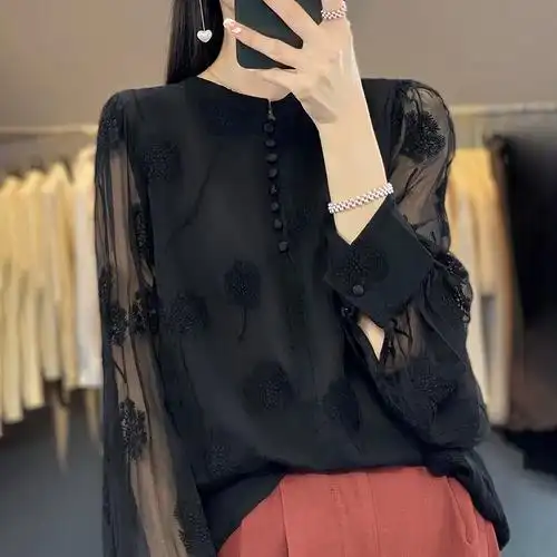 圆领打底衫刺绣醋酸雪纺衫蕾丝网纱仙美衬衣女镂空衬衫复古新中式