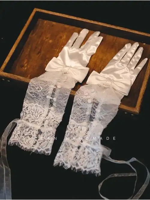 喜看新款白色蕾丝缎面拼接蝴蝶结长手套新娘礼服婚纱写真跟妆配饰