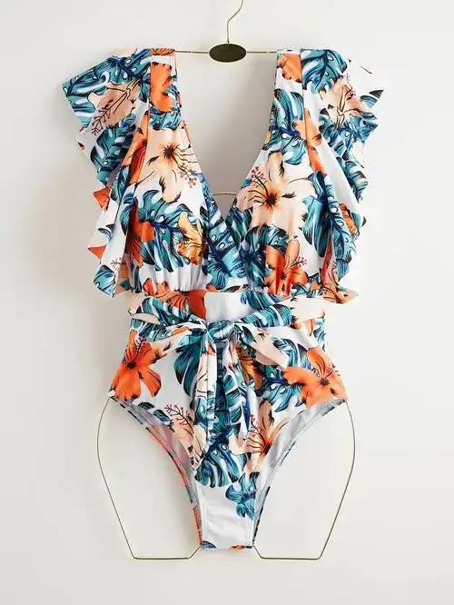 椰树性感镂空蝴蝶结连体泳衣连体性感比基尼泳衣印花泳装bikini跨境