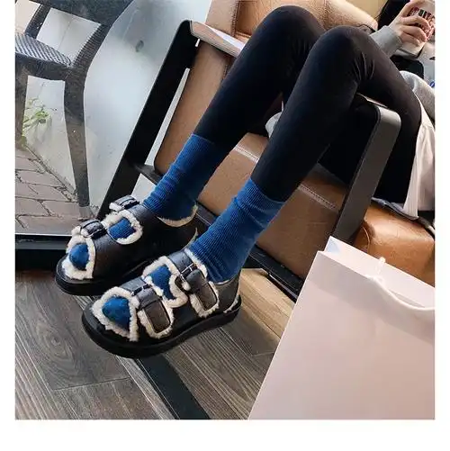 补货中葡萄妈studiolee2021年秋冬季保暖外穿平底毛毛凉鞋女黑色39