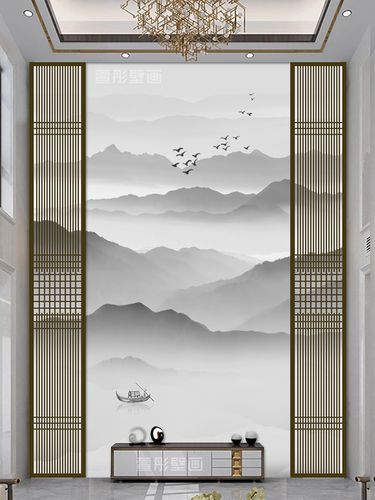 挑高复式楼房背景墙壁画玄关竖版墙纸别墅电视墙布水墨山水3d壁纸