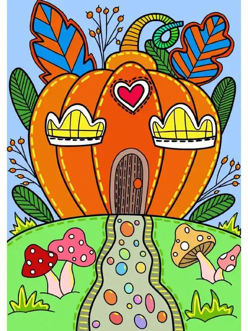 彩色线描南瓜屋儿童创意美术