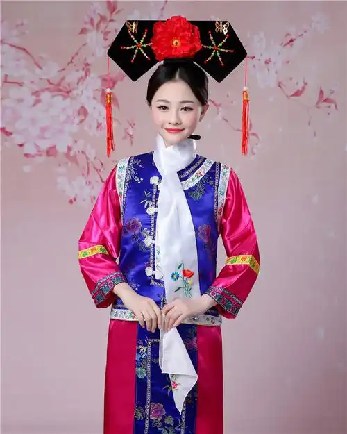 满族清朝还珠格格服装女清格古装旗服宫年会班服演出服 天蓝色 身高