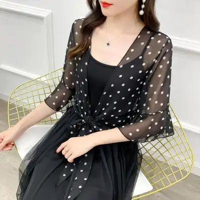上衣短款大码雪纺开衫薄款外搭配吊带裙的小外套黑底波点m建议80110斤