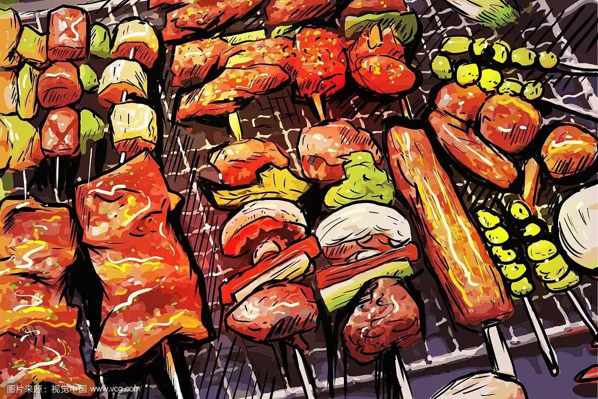 手绘夏日烧烤串串美食涂鸦插画