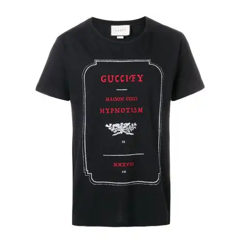 gucci/古驰 男士黑色棉质字母徽标印花圆领套头金属风短袖t恤衫