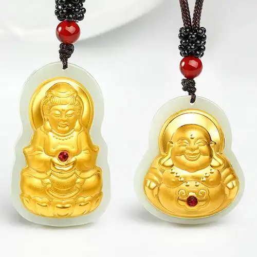 4d红宝石镶嵌和田玉足金笑佛金镶玉吊坠 观音玉石挂坠厂家批发