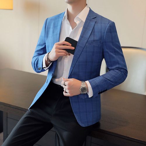 双开衩格子西装外套男士韩版修身帅气休闲单西春秋大码商务西服男