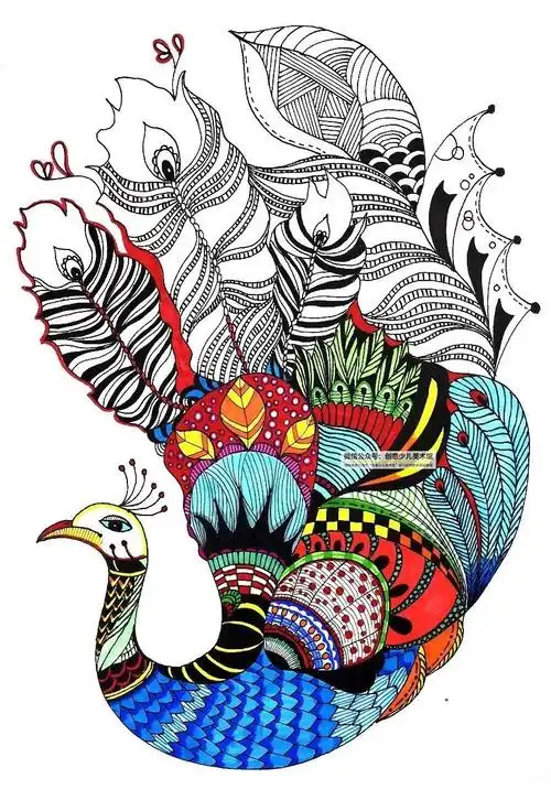 儿童画教程|综合创意线描画--这样画孔雀美丽又特别