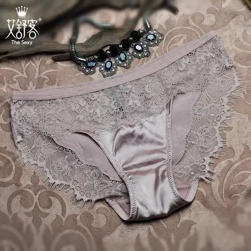 桑蚕丝女士内裤性感蕾丝透明镂空诱惑睫毛蕾丝边低腰提臀三角底裤