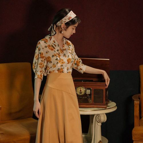 港风复古女装80年代雪纺艺术裙子连衣裙套装碎花连衣裙