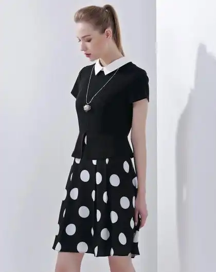 黑白圆点修身大摆连衣裙