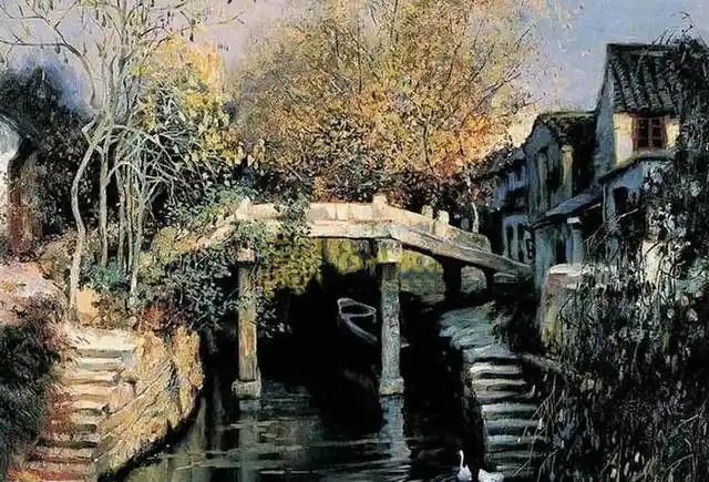 油画江南水乡——水榭清音,小楼听雨,烟雨朦胧,青石板