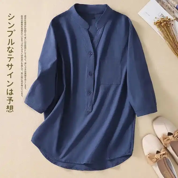 文艺棉麻纯色小衫女小众五分袖亚麻衬衫衬衣.