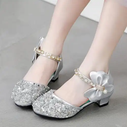 女童高跟鞋公主水晶鞋蝴蝶结小女孩学生钢琴演出模特凉鞋
