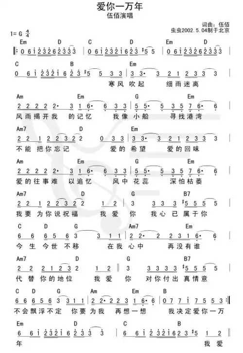 爱你一万年伍佰简谱吉他谱