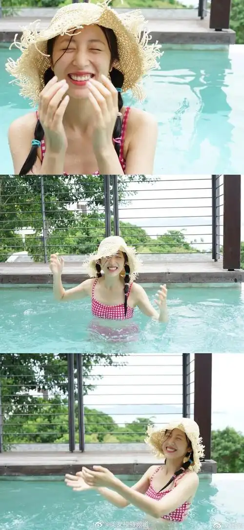 周雨彤玫红色泳装旧照