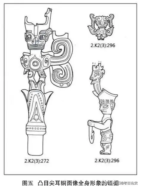 三星堆这三具凸目尖耳铜面像,不少学者根据坑内小铜神像的全躯的形象