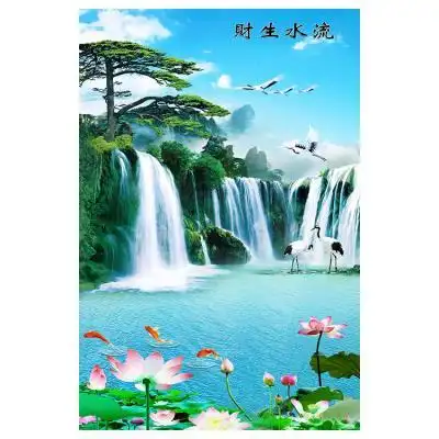 装n饰生财迎客客厅招财流水松山水画墙壁画鱼九瀑布风景玄关荷花
