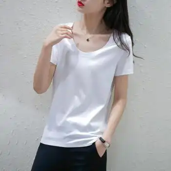 夏款上新女生夏天穿的t恤潮流好看大领口正肩t恤女夏季短袖显瘦棉韩版