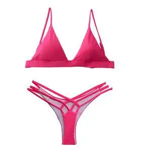新款欧美鲜粉色女三角比基尼泳衣游泳聚拢性感泳装锦纶弹性绑带裹