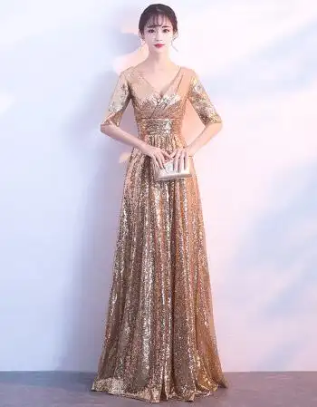 梵藜金色晚礼服宴会2018新款长款高贵优雅端庄大气聚会派对主持人女夏