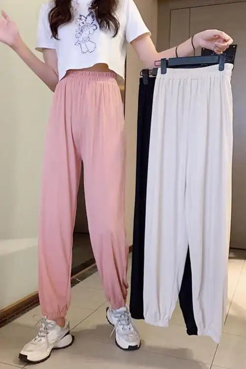 网红冰丝垂感高腰 strong>灯笼裤 /strong>九分薄款束脚休闲裤裤子