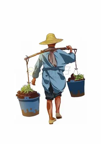 用扁担挑担子的农民背影彩绘插画png图片素材 人物素材-第1张