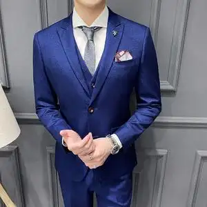 新郎结婚西服套装男士三件套修身韩版蓝色礼服商务休闲定制西装男