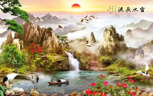 xt92902中式山水瀑布渔船仙鹤太阳松树金秋树林富水长流寓意