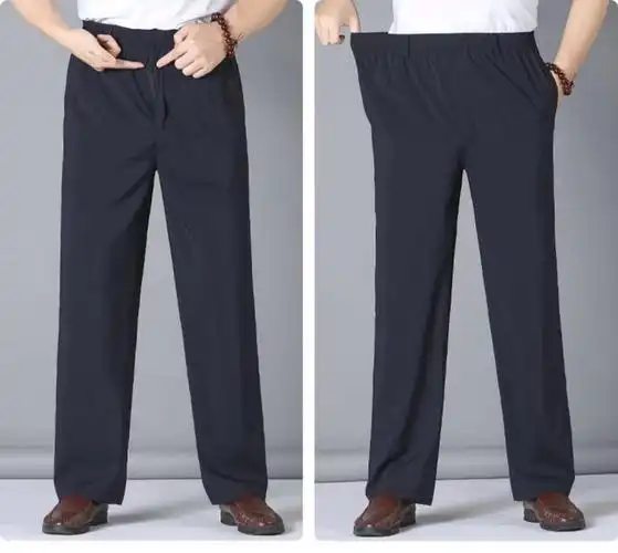 中老年人加肥加大男裤宽松裤夏季薄款桑蚕丝裤子男中老年深裆长裤男士
