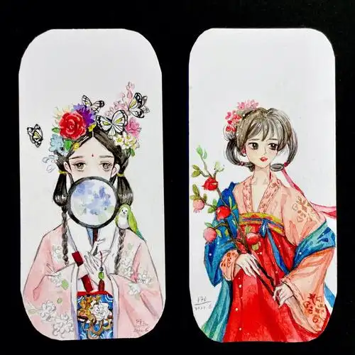 水彩古风手绘书签