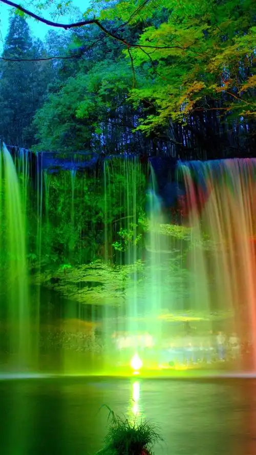 壁纸 瀑布,粉红色和绿色的灯光,晚上,树木 3840x2160 uhd 4k 高清壁纸