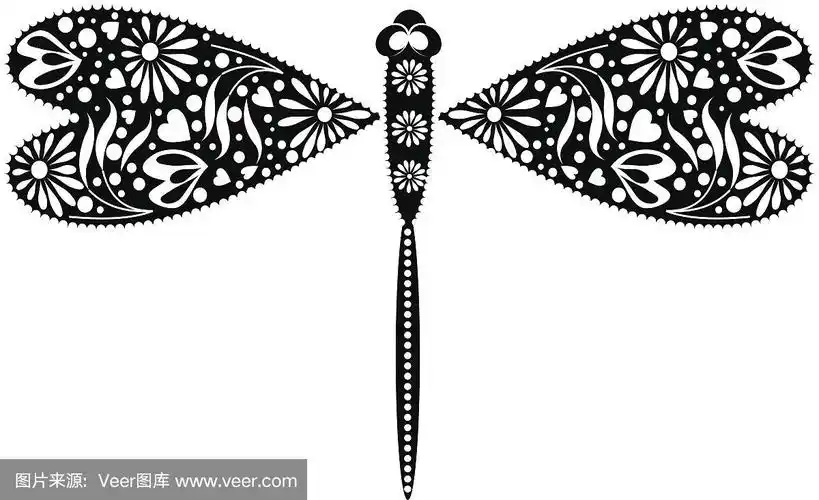 昆虫矢量图.装饰性的观赏黑色蜻蜓,孤立在白色背景上