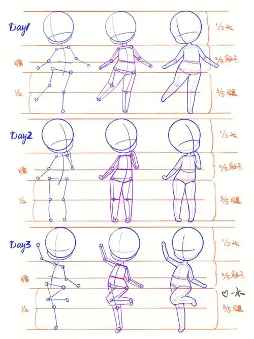 q版人物人体动态结构火柴人骨架几何形体