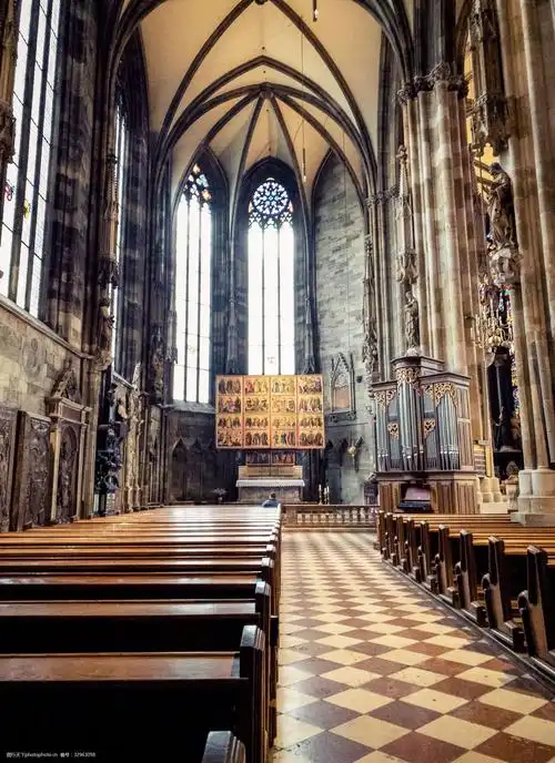 维也纳教堂内部和一排排长椅