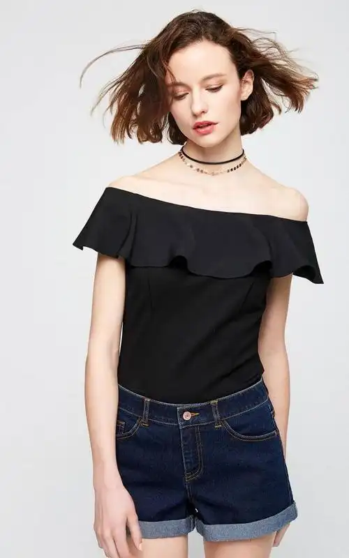 vero moda2017夏季新品一字领荷叶边修身弹力针织t恤|317201597-tmall