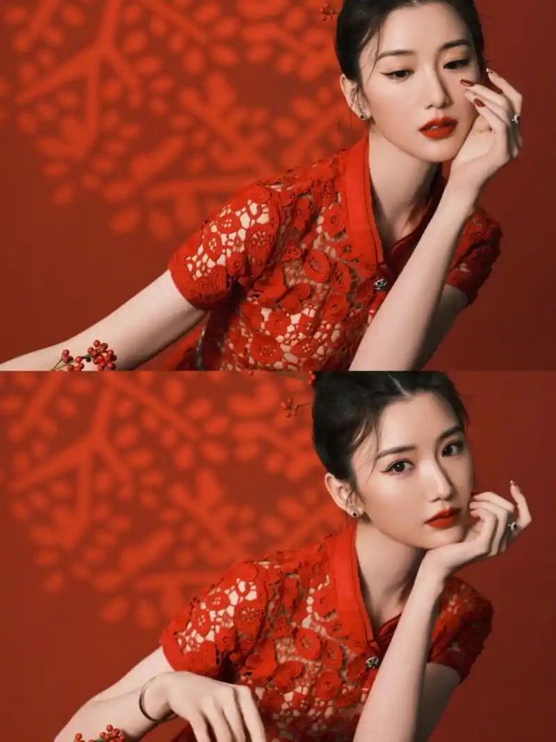 毛晓彤2022虎年春晚造型,红彤彤06 旗袍镂空设计正红色连衣裙95