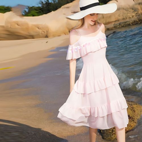 zklin中长款露肩吊带连衣裙荷叶边高腰粉色裙仙女裙春夏新款