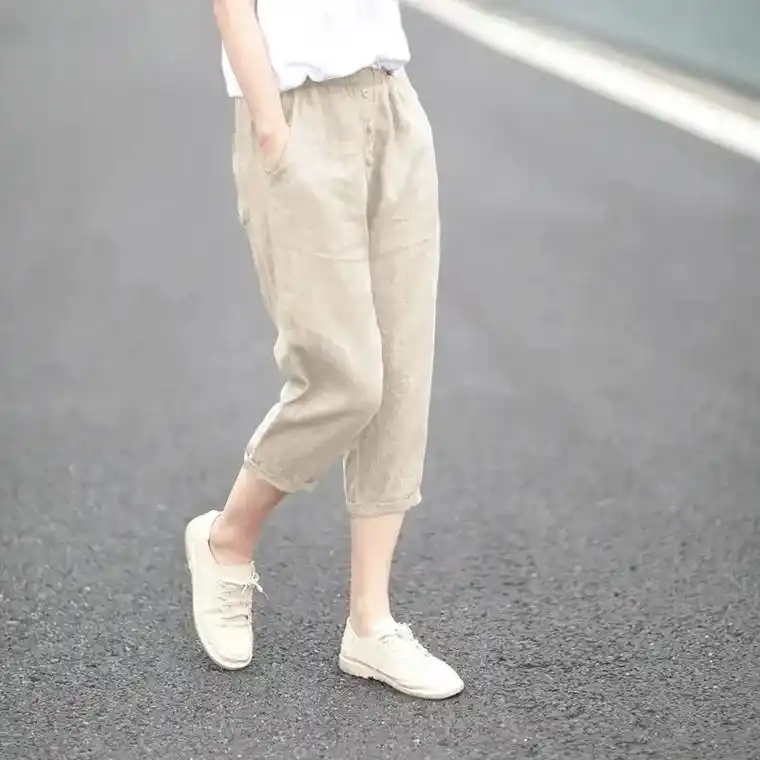 日系亚麻七分裤宽松休闲小脚棉麻哈伦裤女夏.
