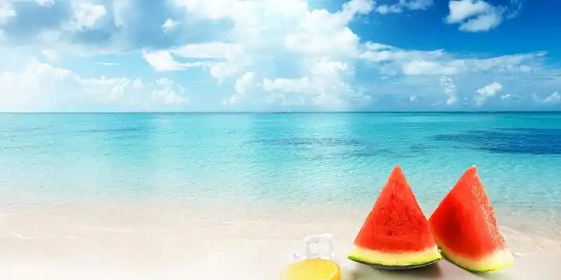 蓝色写实小清新沙滩夏天海浪蓝天冰块夏天西瓜展板背景